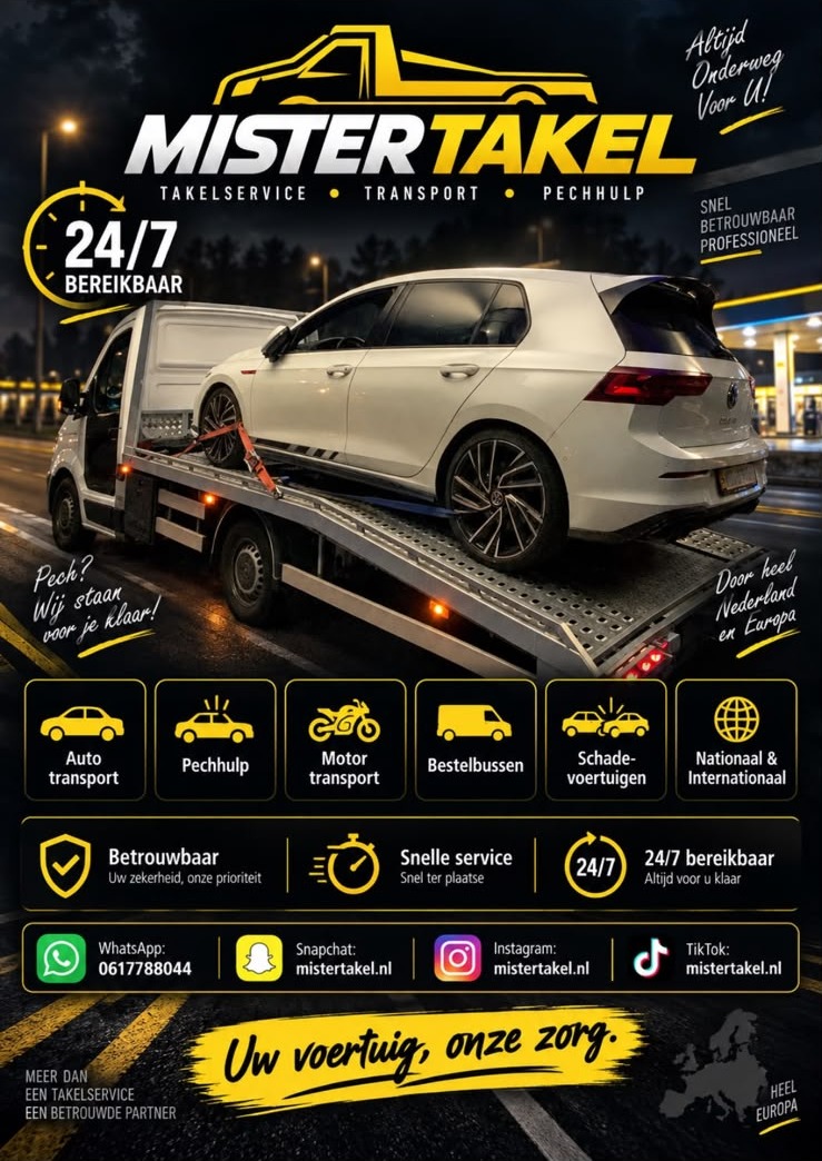 Promotieposter van Mistertakel: takelservice, transport en pechhulp, 24/7 bereikbaar